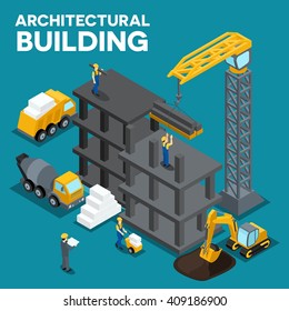 The concept isometric illustration of the construction of a multistory building, digging, heavy machinery, truck, construction workers, people, uniforms, blocks, piles. Vector illustration.