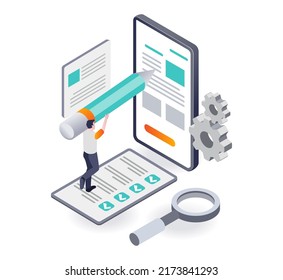 Concept of isometric illustration of creative man writing on smartphone