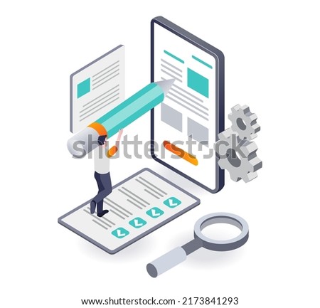 Concept of isometric illustration of creative man writing on smartphone