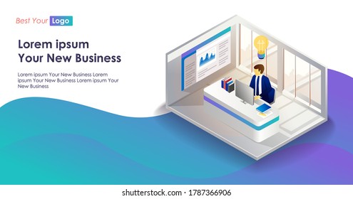 the concept of isometric illustration is flat, thinking and looking for ideas in the office