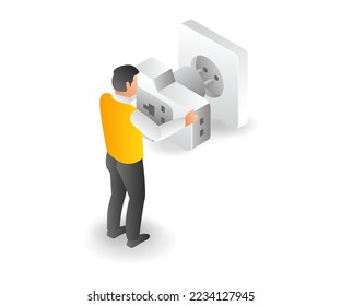 Concept isometric illustration of a man inserting a power jack