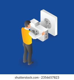 Concept isometric illustration of a man inserting a power jack