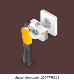 Concepto de ilustración isométrica de un hombre insertando un conector de potencia