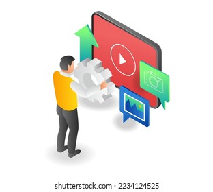 Concept isometric illustration of man setting creative content video