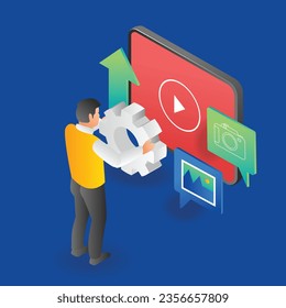 Concept isometric illustration of man setting creative content video