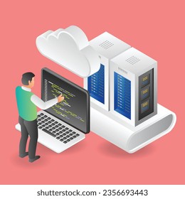 Ilustración isométrica del concepto de hombre que configura el programa de servidor en la nube
