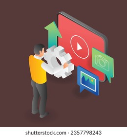 Concept isometric illustration of man setting creative content video