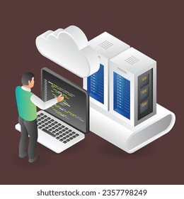 Concept isometric illustration of man setting cloud server program