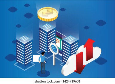 The concept of isometric illustration mining bitcoin on a blue background. Get cryptocurrency. cloud and server. 3D Gold Bitcoin web background. Vector illustration.