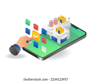 Concept isometric illustration of smartphone controlling factory
