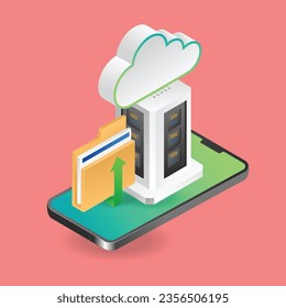 Konzepte isometrische Illustration von Smartphone-Daten-Cloud-Server