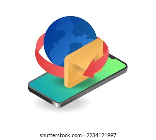 Concept isometric illustration of a smartphone emailing the world