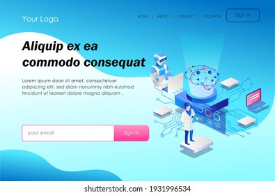 The concept of isometric illustration, using robotic assistance to work and automate 