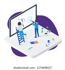 Concept isometric illustrations. Vector. User interface experience, usability, mockup, wireframe development concept. People creating interface on computer. Web banner, infographic, clipart, presenta