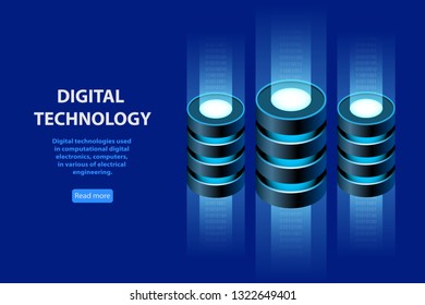 Concept Of Isometric Information Base, Web Hosting, Data Storage, Data Backup Copy,  Digital Technology. Vector Illustration.	