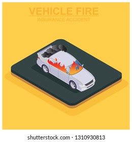 The concept of isometric insurance for car accident damage on fire, isolated vector illustration - Vector