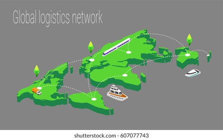 The concept of isometric map of the world. 3d flat illustration of a map of the world. Isometric map of world cargo transportation