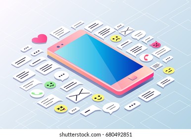 Concept of isometric mobile phone and many icons of sms, mail, messages,calls, emoticons around it. Vector illustration.