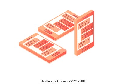 Concept Isometric phone with chat on screen. Vector illustration.