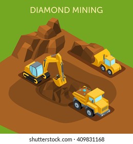 The Concept Isometric Pictures For Mining, Gold, Diamonds, Hard Metal, Mountain, Excavations, Heavy Equipment, Truck, Dig. Vector Illustration.