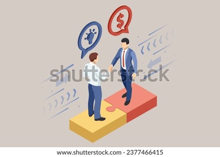 Concept of isometric puzzle assembly featuring light bulb and currency, representing investment and virtual finance. Engaging in an idea and attracting investors
