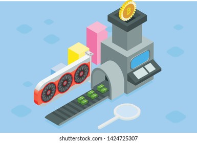 concept of isometric vector illustration of Working Mining Farm Rig income of Bitcoin cryptocurrency graphics card into money, in isolated white background, vector illustration