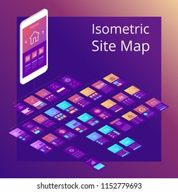 Concept Of Isometric Website Flowchart Sitemap. Vector Illustration.