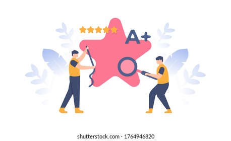 concept of item quality, rating and review, quality control. illustration of a team doing a check on a star. flat design. can be used for elements, landing pages, UI, website