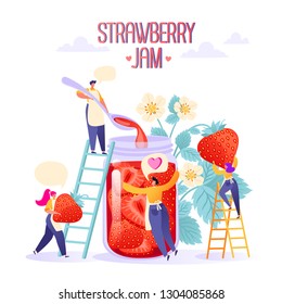 Concept of jam production. Happy flat people character making tasty, handmade organic strawberry jam in a large glass jar. Woman picks strawberries. Man pouring jam into jar. Flat, cartoon, vector.