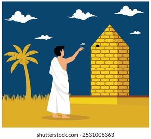 Concept of Jamaraat and Hajj Stoning Satan, Muslim Pilgrims Throwing Stones at the wall. Muslim religious festival. flat vector modern illustration 