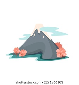 Concept Japan and China volcano. The illustration shows a volcano that is commonly found in China and Japan. The image is designed in a flat vector style with a cartoon look. Vector illustration.
