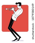 Concept for jazz poster. Man playing trumpet on red background. Sketch style illustration.