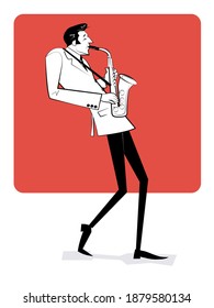 Concept for jazz poster. Man playing saxophone on red background. Sketch style illustration.