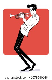 Concepto de afiche de jazz. Hombre tocando trompeta con fondo rojo. Dibujar ilustración de estilo.