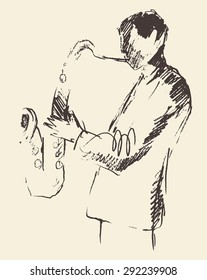 Concept for jazz poster. Man playing saxophone. Vintage hand drawn illustration, sketch.