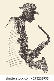 Concept for jazz poster. Man playing saxophone. Vintage hand drawn illustration, sketch.