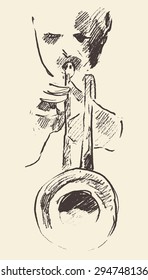 Concept for jazz poster. Man playing the trumpet. Hand drawn illustration, sketch.