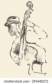 Concept for jazz poster. Man playing double bass. Vintage hand drawn illustration, sketch.