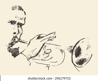 Concept for jazz poster. Man playing the trumpet. Vintage hand drawn illustration, sketch.