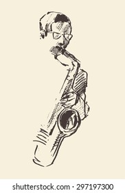 Concept for jazz poster. Man playing saxophone. Vintage hand drawn illustration, sketch.