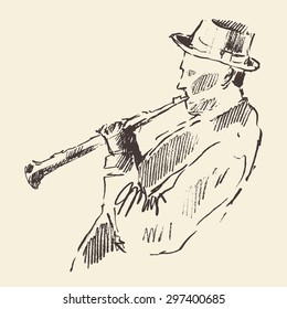 Concept for jazz poster. Man playing flute. Vintage hand drawn illustration, sketch.