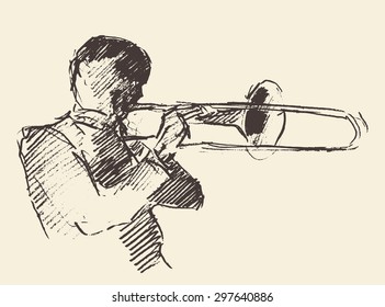 Concept for jazz poster. Man playing the trumpet. Vintage hand drawn illustration, sketch.