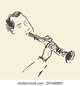 Concept for jazz poster. Man playing flute. Vintage hand drawn illustration, sketch.