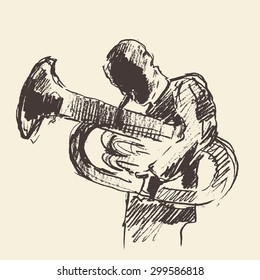 Concept for jazz poster. Man playing the trumpet. Vintage hand drawn illustration, sketch.