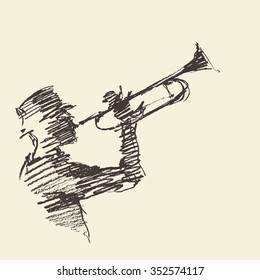 Concept For Jazz Poster. Man Playing The Trumpet. Vintage Hand Drawn Illustration, Sketch.
