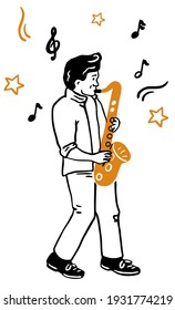 The concept of a jazz poster. A man plays the saxophone. Vintage hand-drawn illustration, sketch. doodle, hand drawing