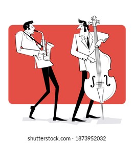 Concept for jazz poster. Two men playing saxophone and double bass on red background. Sketch style illustration.