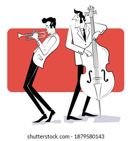 Concept for jazz poster. Two men playing trumpet and double bass on red background. Sketch style illustration.