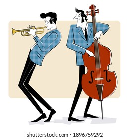 Concept for jazz poster. Two men playing trumpet and double bass on red background. Sketch style illustration.