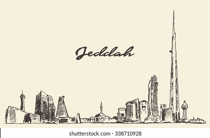 Concept Jeddah skyline with Kingdom Tower - World's Tallest Building, vector engraved illustration, hand drawn